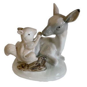 UCGC Deer & Squirrel Porcelain Figurine Forest Animals White/Cream/Brown